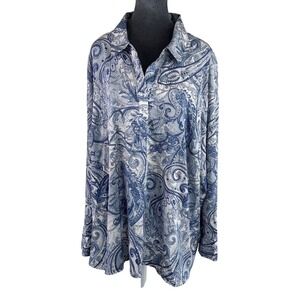 Joie 3X Blue White Paisley Print Partial Placket Long Sleeve Blouse Top Women's
